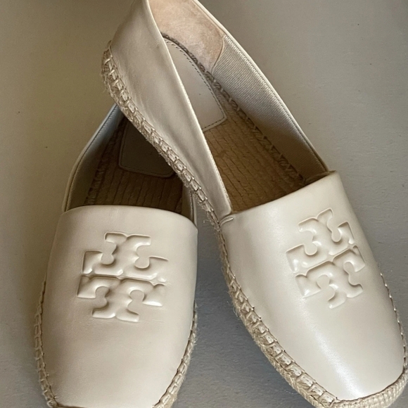 Tory Burch Shoes - Tory Burch Cream Leather Espadrille Slip-On with Embossed Logo